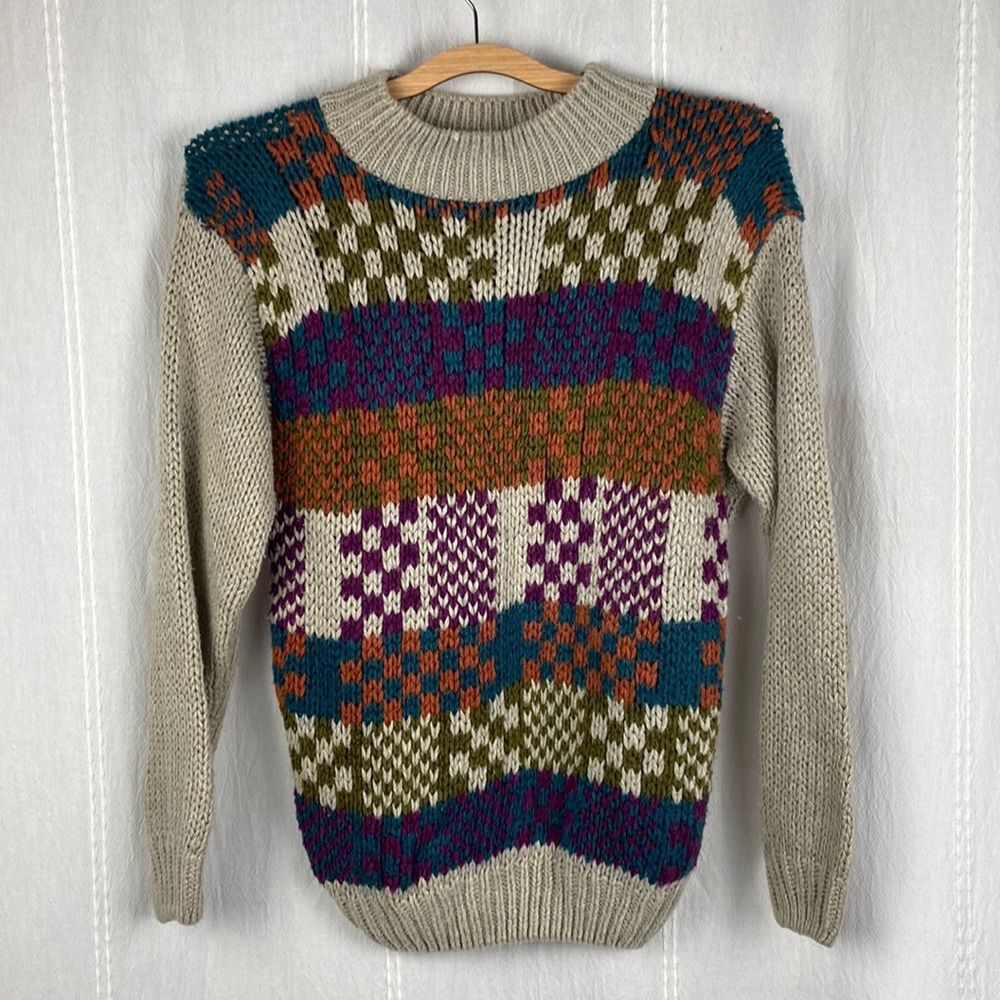 JJ. Fargo colorful hand knitted sweater vintage‎ grandpa style medium